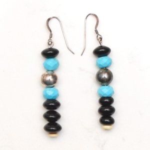 Onyx turquoise beaded silver earrings 1.75 inches